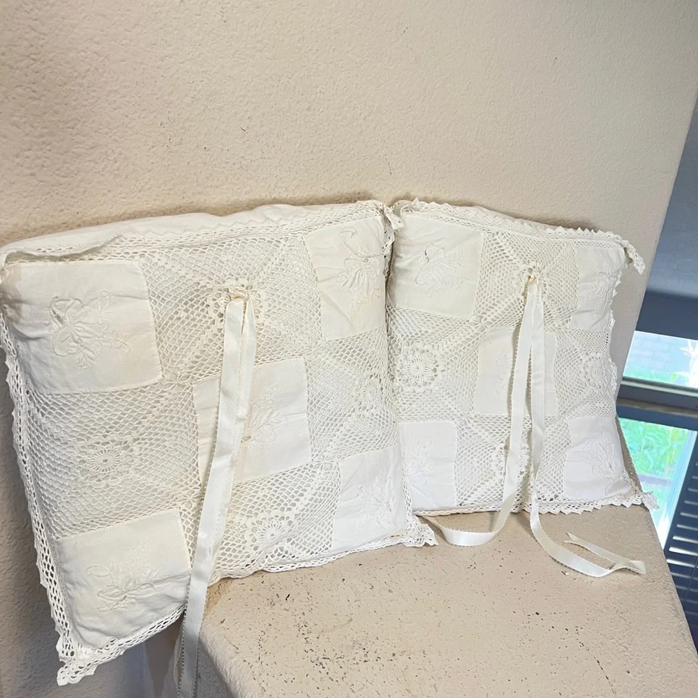 Vintage Handmade Crocheted Embroidered Cream Color Throw Pillows Two Set‎